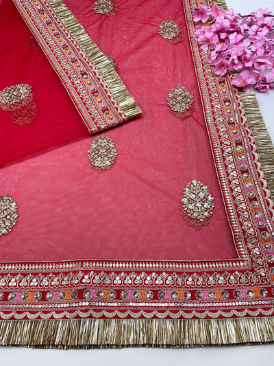 Bridal Parineeta Red Embroidered Net Fringed Dupatta