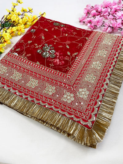 Bridal Anandini Red Embroidered Net Fringed Dupatta