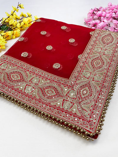 Bridal Vasudha Red Embroidered Net Dupatta