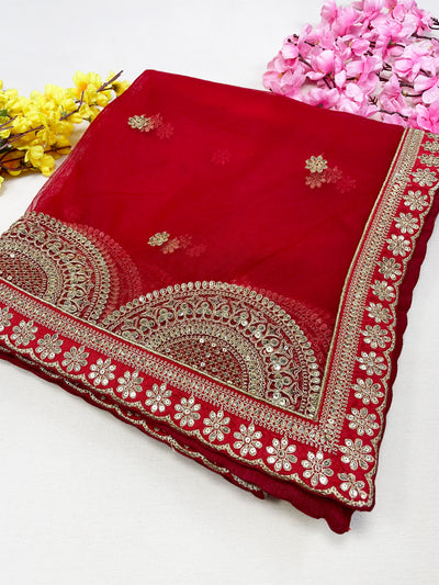 Bridal Suhani Red Embroidered Net Dupatta