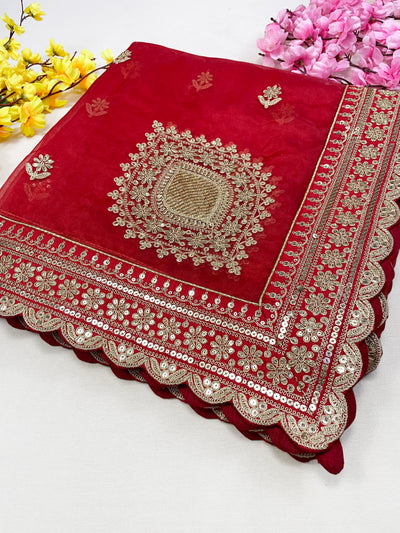 Bridal Sulekha Red Embroidered Organza Dupatta