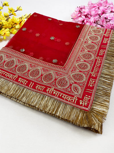 Bridal Saubhagyavti Red Embroidered Net Dupatta