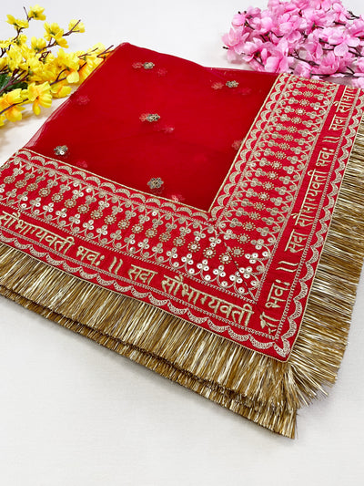 Bridal Saubhagyavti Red Embroidered Net Dupatta