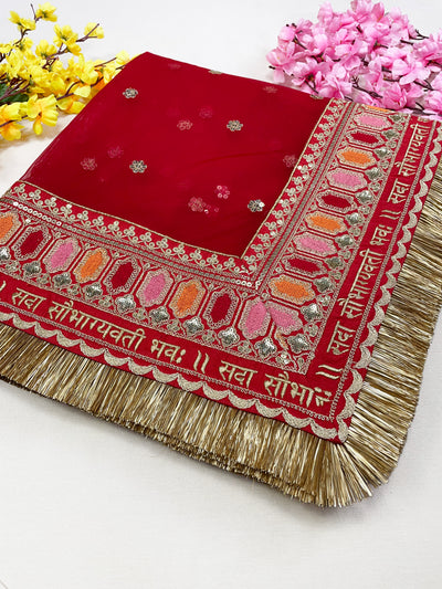 Bridal Saubhagyavti Red Embroidered Net Dupatta