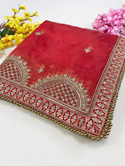 Bridal Pushpalata Red Embroidered Organza Dupatta