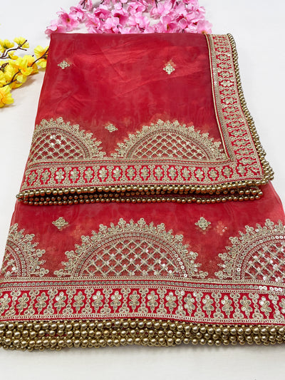 Bridal Pushpalata Red Embroidered Organza Dupatta