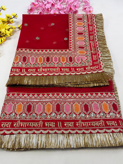 Bridal Saubhagyavti Red Embroidered Net Dupatta