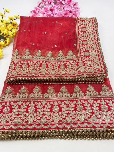 Bridal Trishla Red Embroidered Organza Dupatta
