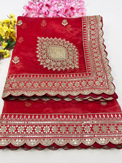 Bridal Sulekha Red Embroidered Organza Dupatta