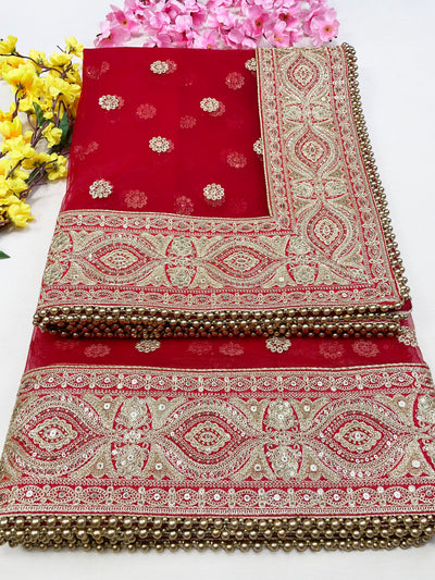Bridal Vasudha Red Embroidered Net Dupatta