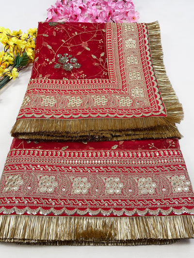 Bridal Anandini Red Embroidered Net Fringed Dupatta