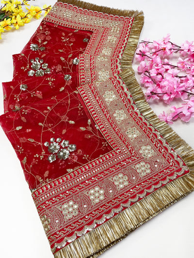 Bridal Anandini Red Embroidered Net Fringed Dupatta
