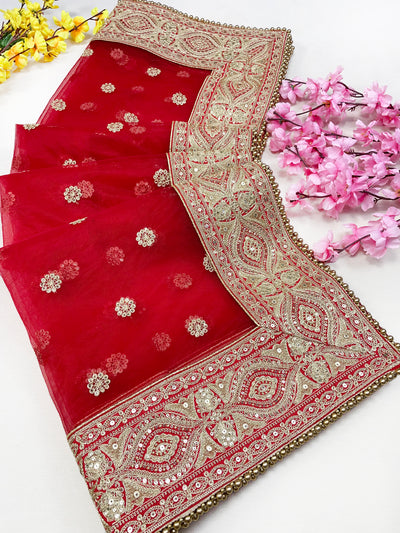 Bridal Vasudha Red Embroidered Net Dupatta