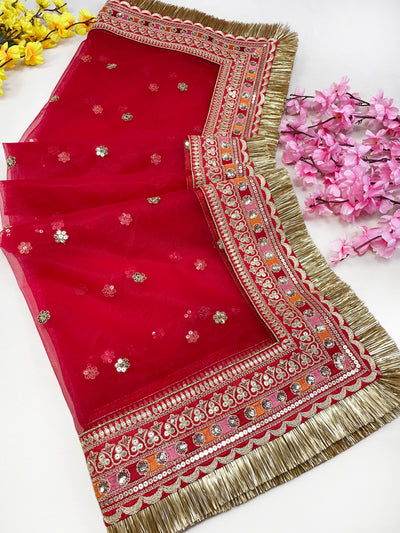 Bridal Amritika Red Embroidered Net Dupatta