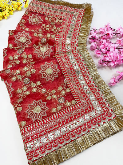Bridal Minara Red Embroidered Organza Dupatta