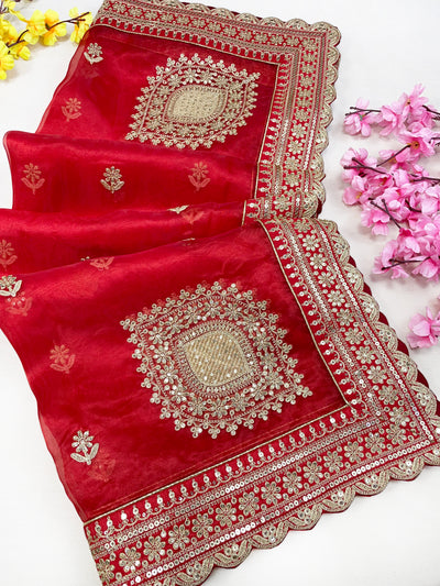 Bridal Sulekha Red Embroidered Organza Dupatta