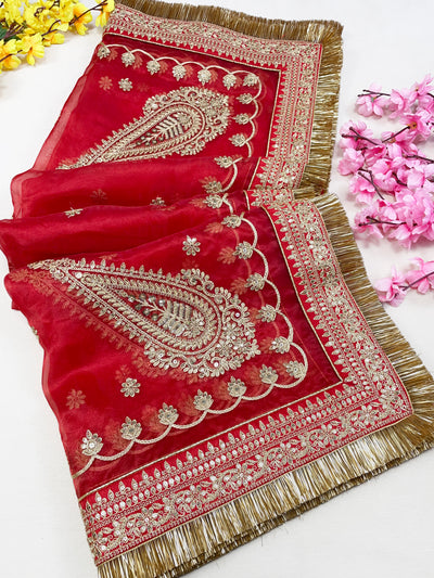 Bridal Mohini Red Embroidered Organza Dupatta