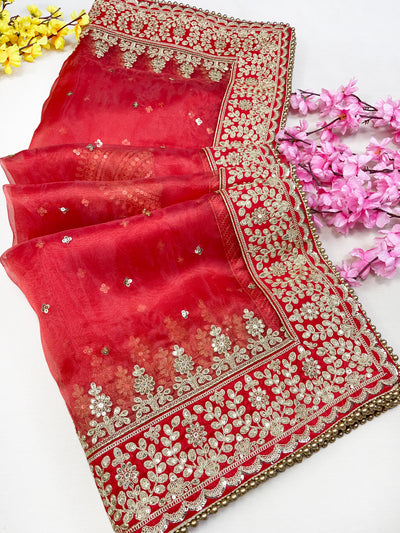Bridal Trishla Red Embroidered Organza Dupatta