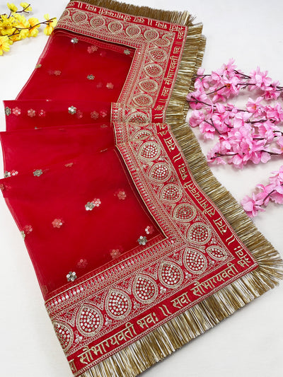 Bridal Saubhagyavti Red Embroidered Net Dupatta