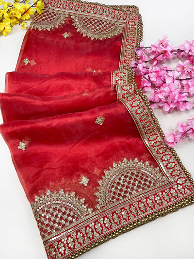 Bridal Pushpalata Red Embroidered Organza Dupatta
