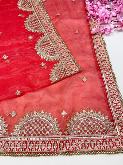 Bridal Pushpalata Red Embroidered Organza Dupatta