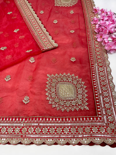 Bridal Sulekha Red Embroidered Organza Dupatta