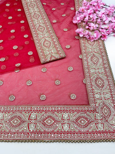 Bridal Vasudha Red Embroidered Net Dupatta