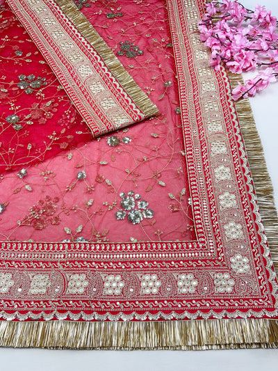 Bridal Anandini Red Embroidered Net Fringed Dupatta