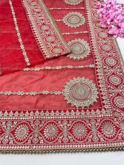 Bridal Rajnidhi Red Embroidered Pure Organza Dupatta