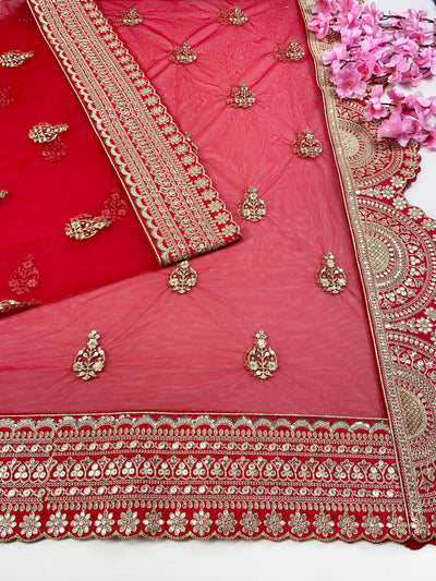 Bridal Meenakshi Red Embroidered Soft Net Dupatta