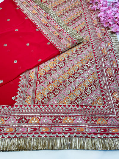 Bridal Karnavati Red Embroidered Pure Organza Dupatta