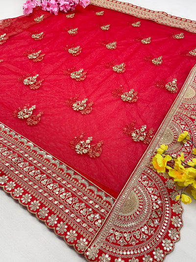 Bridal Meenakshi Red Embroidered Soft Net Dupatta