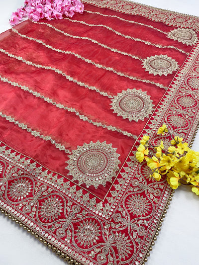 Bridal Rajnidhi Red Embroidered Pure Organza Dupatta