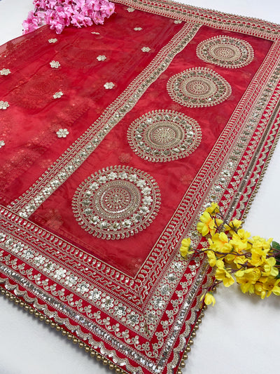 Bridal Mohini Red Embroidered Pure Organza Dupatta