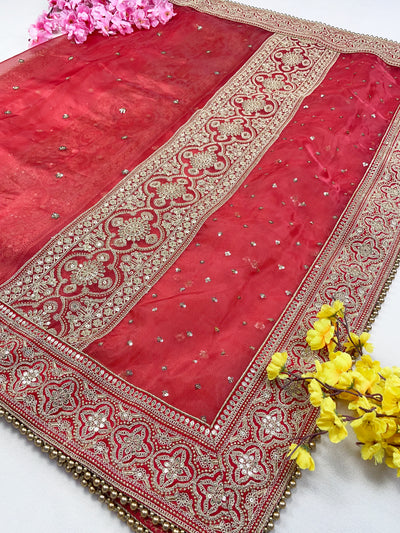 Bridal Suhaag Red Embroidered Pure Organza Dupatta