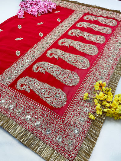 Bridal Purnima Red Embroidered Pure Organza Dupatta