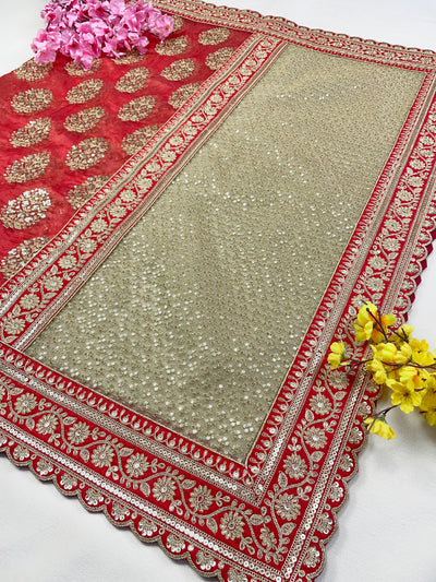 Bridal Surangika Red Embroidered Pure Organza Dupatta