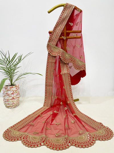 Bridal Meenakshi Red Embroidered Soft Net Dupatta