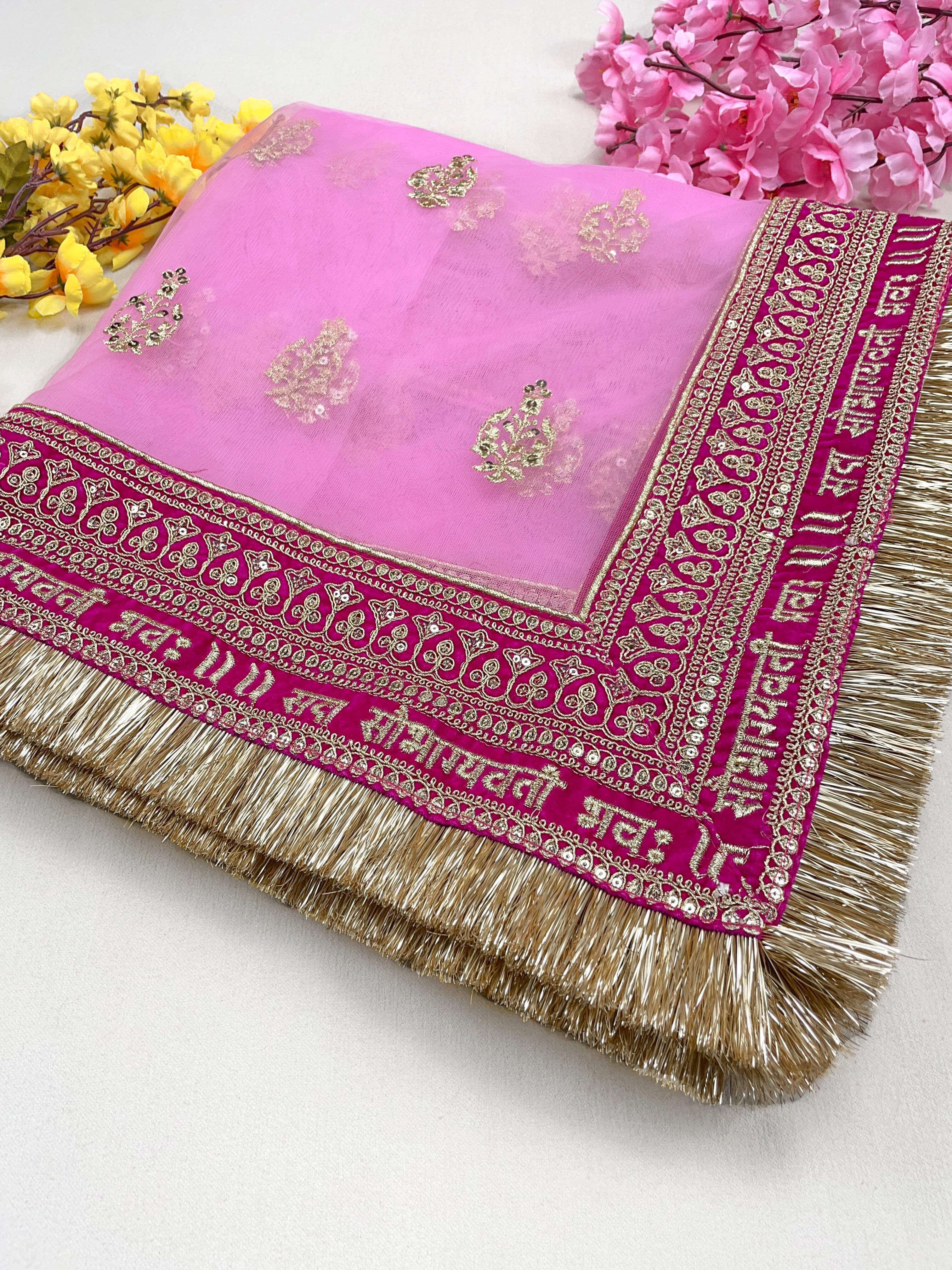 Buy Bridal Saubhagyavati Baby Pink Embroidered Fringed Net Dupatta At KYMA