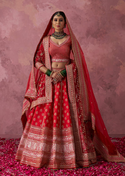 Anamika Red Raw Silk Embroidered Lehenga Set With Two Dupattas
