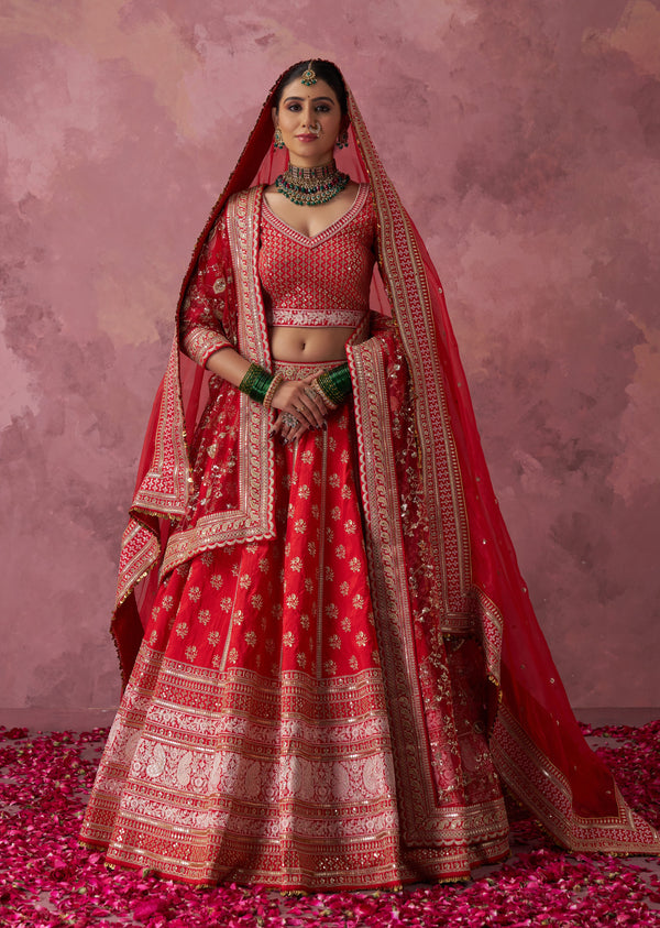 Anamika Red Raw Silk Embroidered Lehenga Set With Two Dupattas