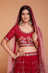 Red Georgette Lehenga And Blouse With Embroidered Net Dupatta  