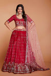 Red Georgette Lehenga And Blouse With Embroidered Net Dupatta  