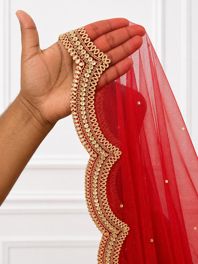Luxury Red Bridal Veil with Gold Embroidery by KYMA India