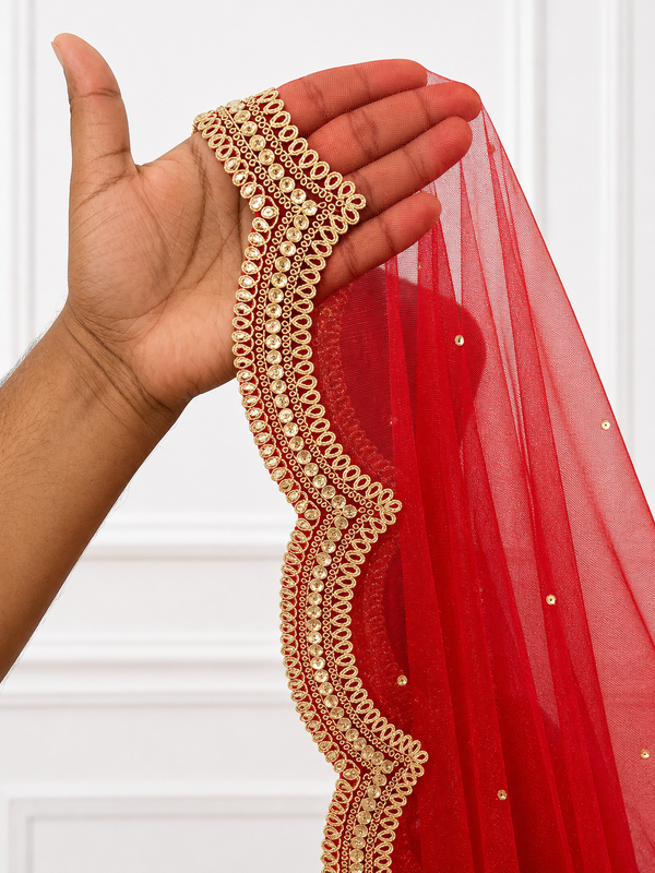 Luxury Red Bridal Veil with Gold Embroidery by KYMA India