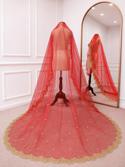 Vaidehi Luxury Red Bridal Veil with Gold Embroidered Border | KYMA India