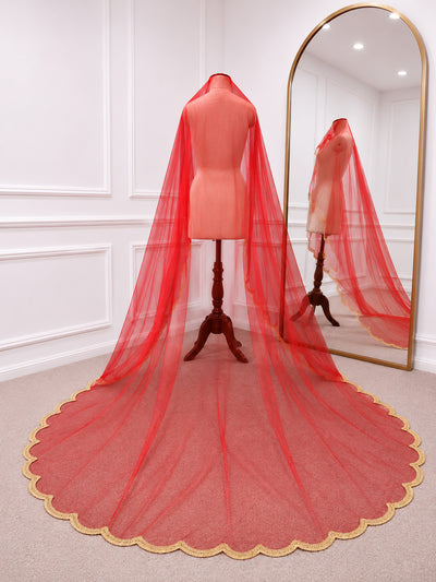 Luxury Red Bridal Veil with Gold Embroidery by KYMA India