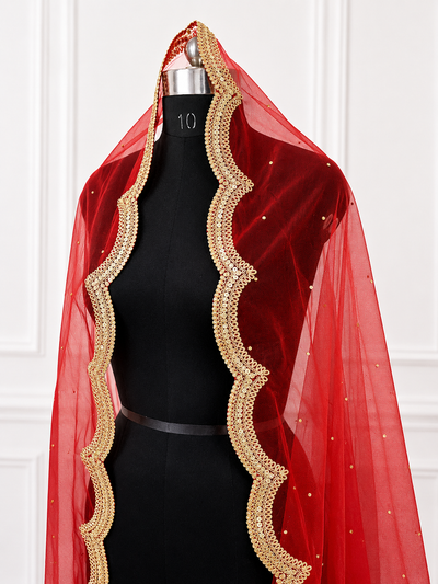 Luxury Red Bridal Veil with Gold Embroidery by KYMA India