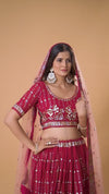 Red Georgette Lehenga And Blouse With Embroidered Net Dupatta